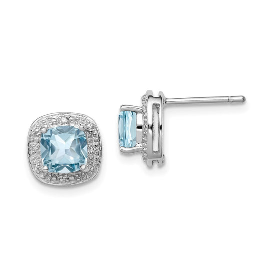 QDX521 Sterling Silver Rhodium Plated Blue Topaz and Diamond Post Earrings