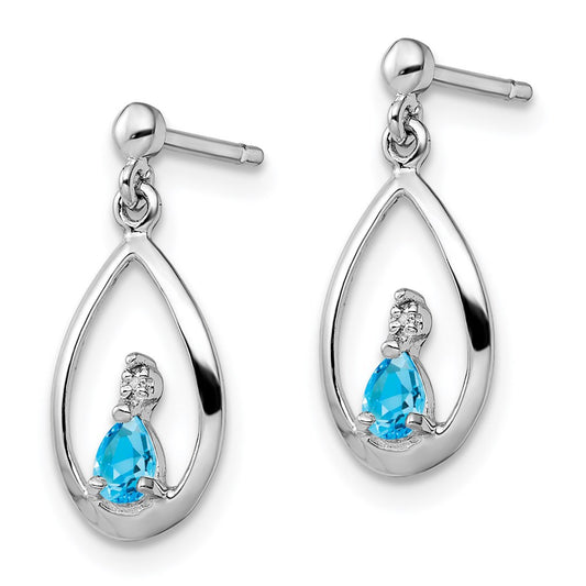 QDX532 Sterling Silver Rhodium-plated Blue Topaz and Diamond Post Earrings