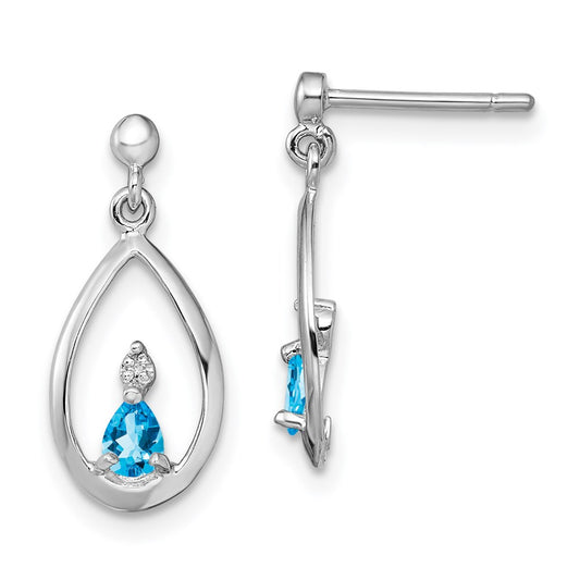 QDX532 Sterling Silver Rhodium-plated Blue Topaz and Diamond Post Earrings