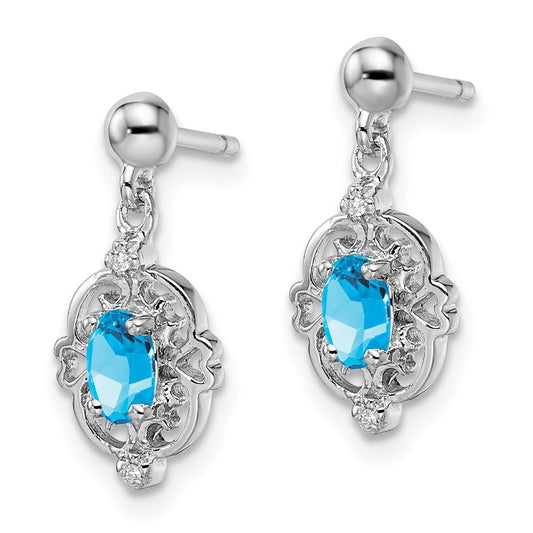 QDX560 Sterling Silver Rhodium Plated Blue Topaz and Diamond Post Earrings