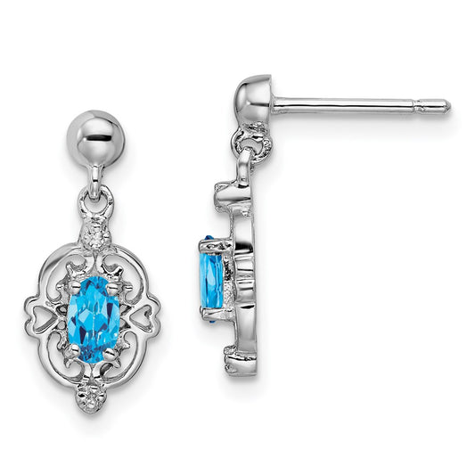 QDX560 Sterling Silver Rhodium Plated Blue Topaz and Diamond Post Earrings