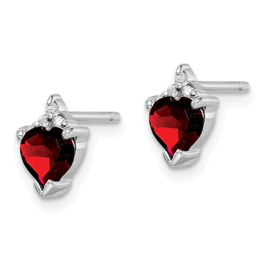 QDX585 Sterling Silver Rhodium Plated Heart Garnet and Diamond Post Earrings