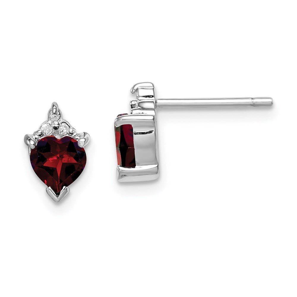 QDX585 Sterling Silver Rhodium Plated Heart Garnet and Diamond Post Earrings