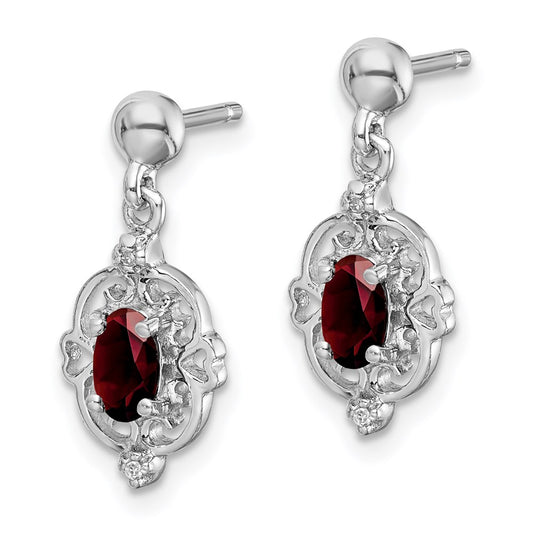QDX586 Sterling Silver Rhodium-plated Garnet and Diamond Post Earrings