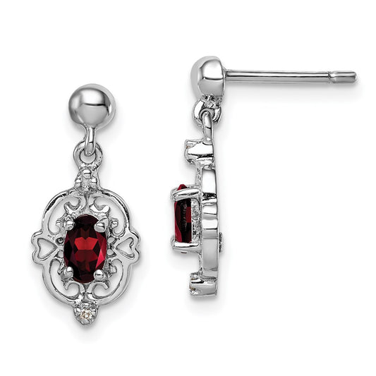 QDX586 Sterling Silver Rhodium-plated Garnet and Diamond Post Earrings