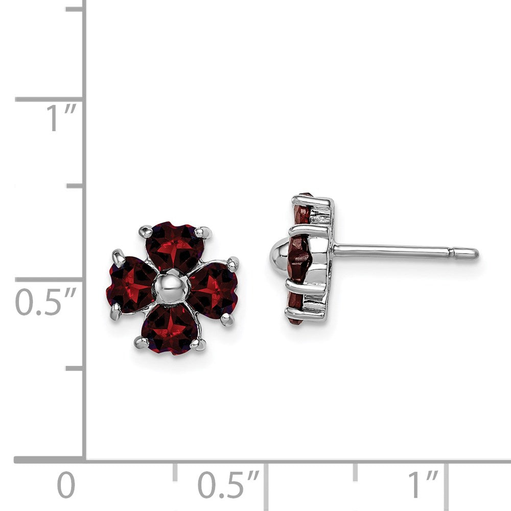 QDX612 Sterling Silver Rhodium Plated Garnet Flower Post Earrings