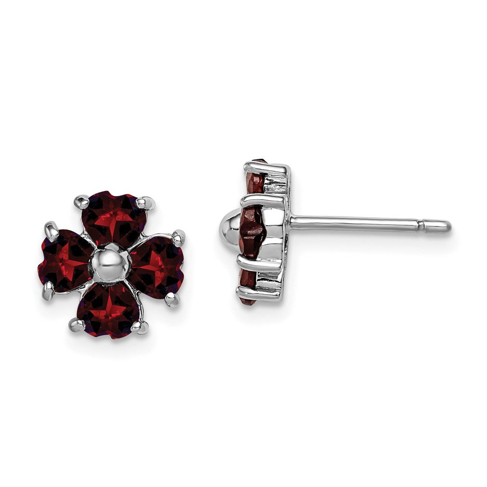 QDX612 Sterling Silver Rhodium Plated Garnet Flower Post Earrings