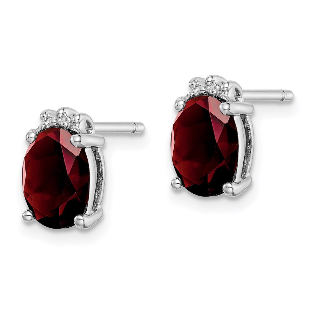 QDX613 Sterling Silver Rhodium Plated Oval Garnet and Diamond Post Earrings