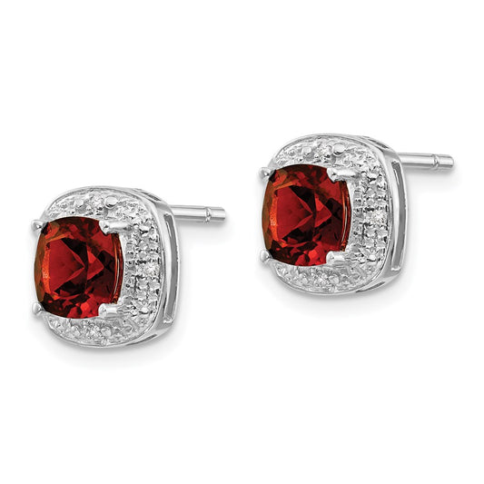 QDX624 Sterling Silver Rhodium Plated Garnet and Diamond Post Earrings