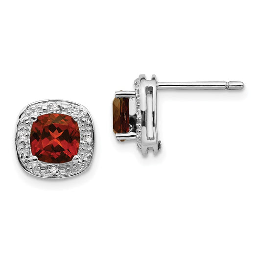 QDX624 Sterling Silver Rhodium Plated Garnet and Diamond Post Earrings