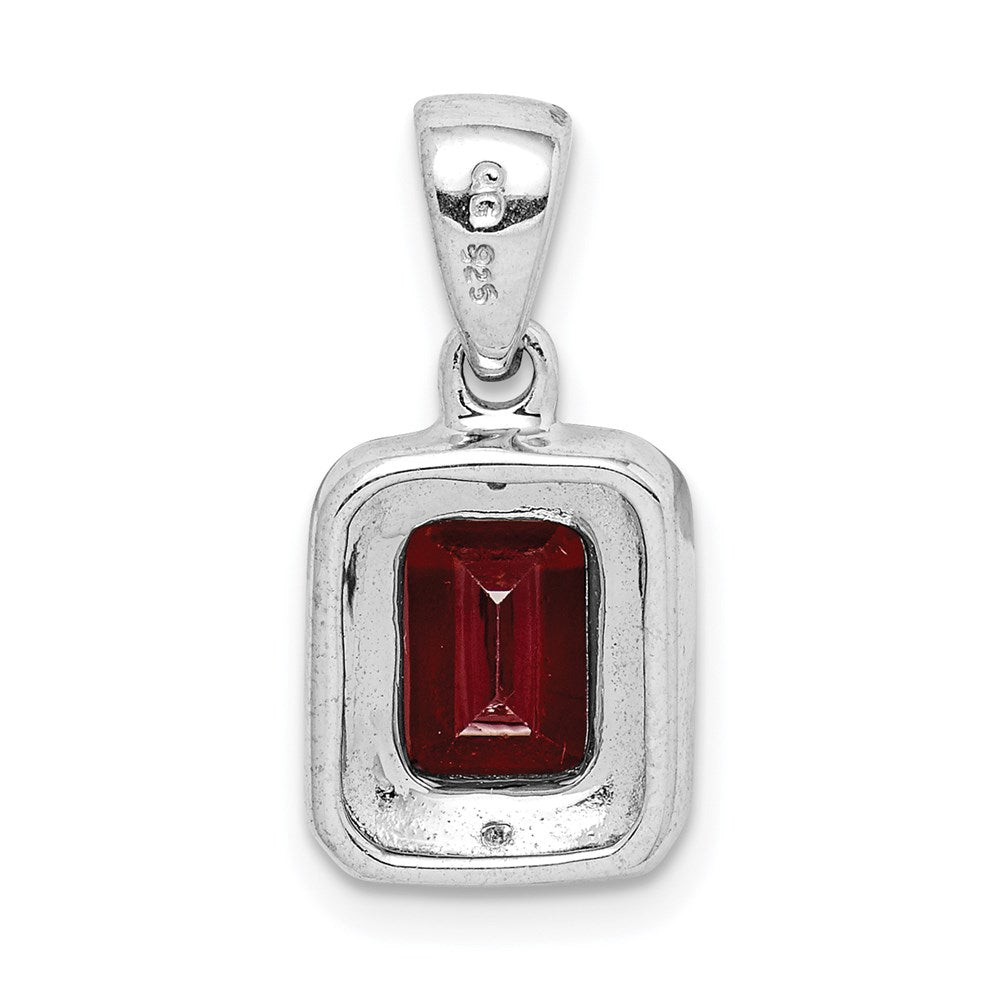 Sterling Silver Rhodium Emerald-cut Garnet & Diamond Pendant QDX640