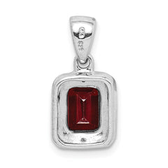 Sterling Silver Rhodium Emerald-cut Garnet & Diamond Pendant QDX640