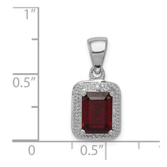 Sterling Silver Rhodium Emerald-cut Garnet & Diamond Pendant QDX640