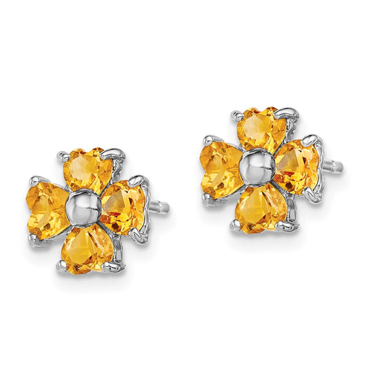 QDX753 Sterling Silver Rhodium Plated Citrine Flower Post Earrings