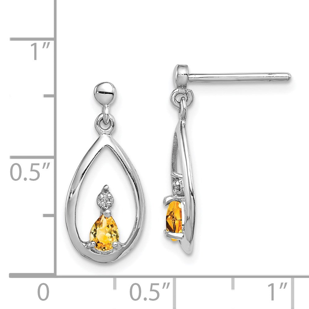 QDX778 Sterling Silver Rhodium Plated Pear Citrine and Diamond Post Earrings