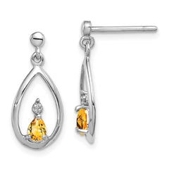 QDX778 Sterling Silver Rhodium Plated Pear Citrine and Diamond Post Earrings