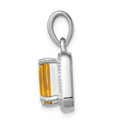 Sterling Silver Rhodium Emerald-cut Citrine & Diamond Pendant QDX785