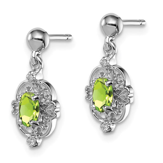QDX825 Sterling Silver Rhodium Plated Peridot and Diamond Post Earrings