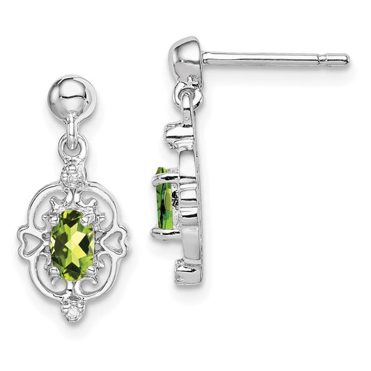 QDX825 Sterling Silver Rhodium Plated Peridot and Diamond Post Earrings