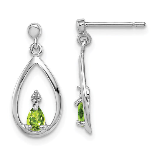 QDX826 Sterling Silver Rhodium Plated Pear Peridot and Diamond Post Earrings