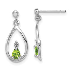 QDX826 Sterling Silver Rhodium Plated Pear Peridot and Diamond Post Earrings