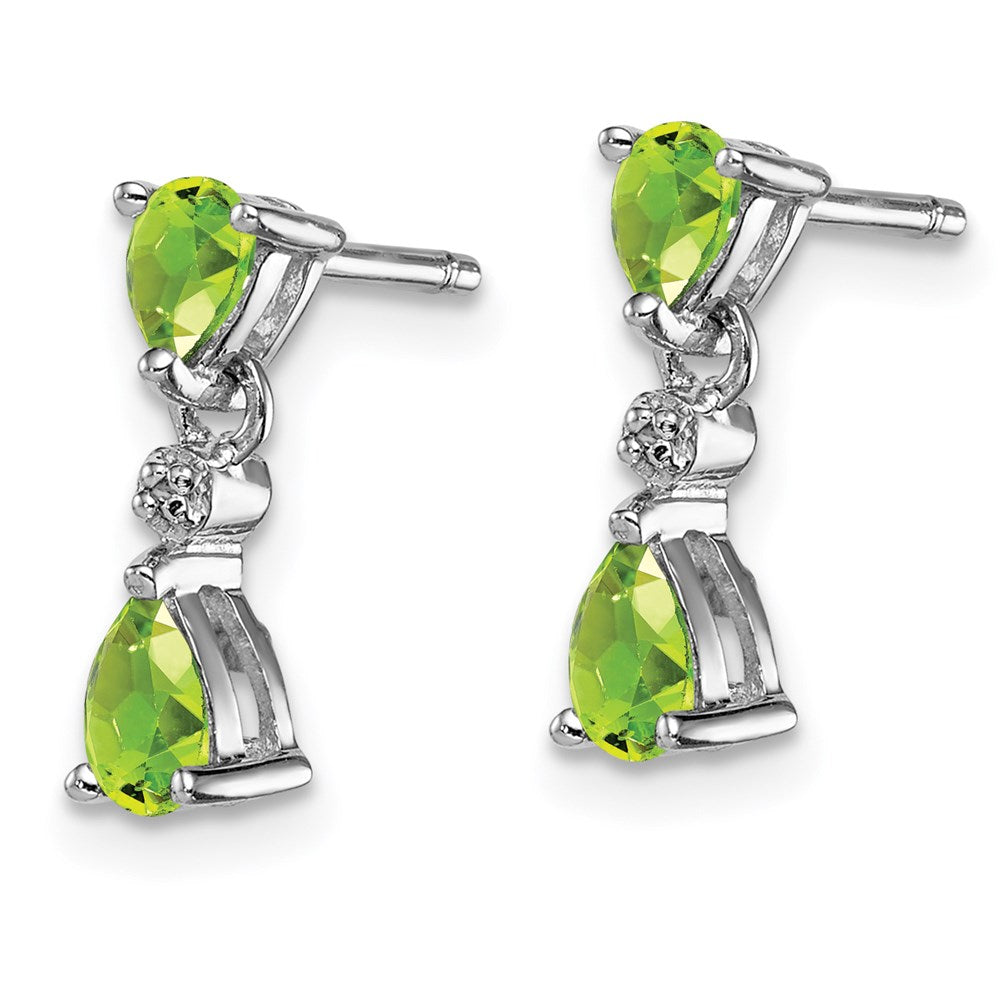 QDX827 Sterling Silver Rhodium Plated Pear Peridot and Diamond Post Earrings