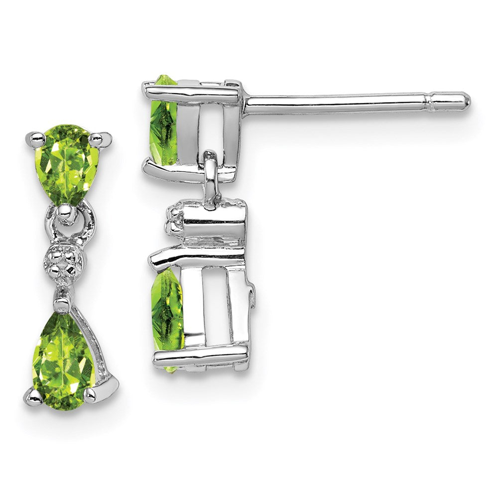 QDX827 Sterling Silver Rhodium Plated Pear Peridot and Diamond Post Earrings