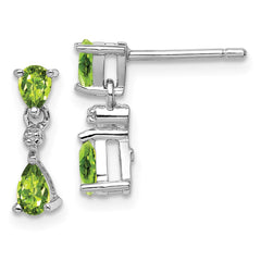 QDX827 Sterling Silver Rhodium Plated Pear Peridot and Diamond Post Earrings