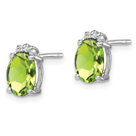 QDX828 Sterling Silver Rhodium Plated Oval Peridot and Diamond Post Earrings
