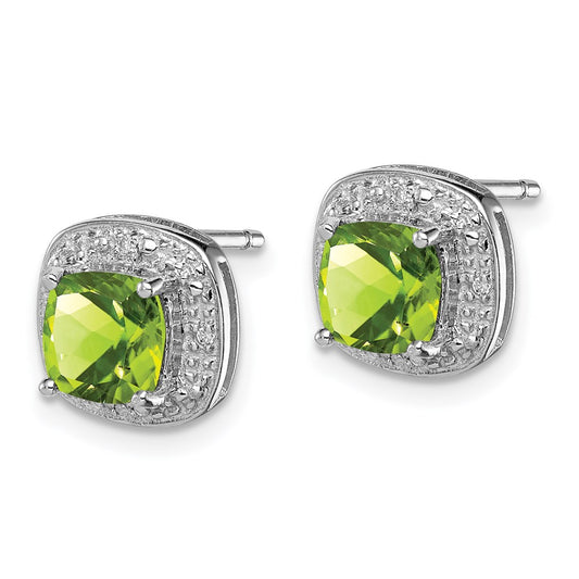 QDX845 Sterling Silver Rhodium Plated Peridot and Diamond Post Earrings