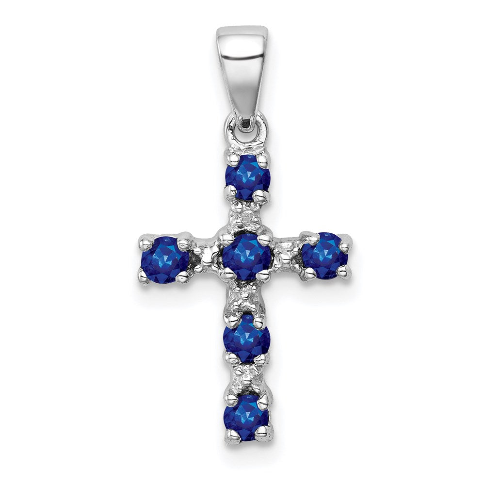 Sterling Silver Rhodium Dark Sapphire & Diamond Accent Cross Pendant QDX864