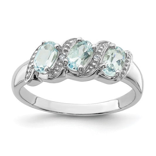 Sterling Silver Rhodium Aqua & Diamond Ring