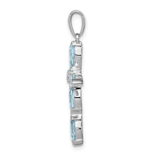 Sterling Silver Rhodium Lt Sw Blue Topaz Cross & Diamond Pendant QDX903