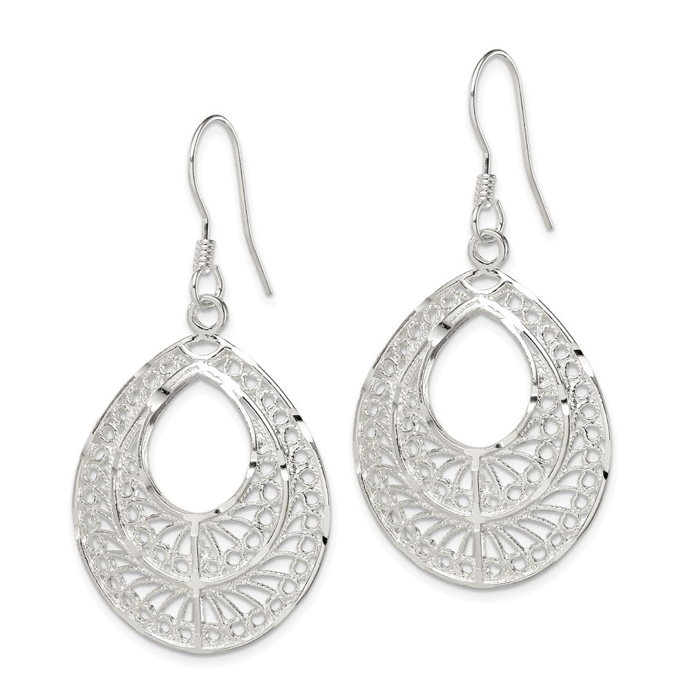 QE1 Sterling Silver Polished Textured D/C Filigree Teardrop Dangle Earrings