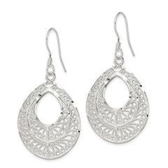 QE1 Sterling Silver Polished Textured D/C Filigree Teardrop Dangle Earrings