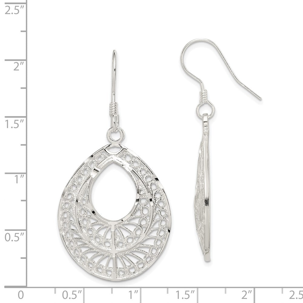 QE1 Sterling Silver Polished Textured D/C Filigree Teardrop Dangle Earrings
