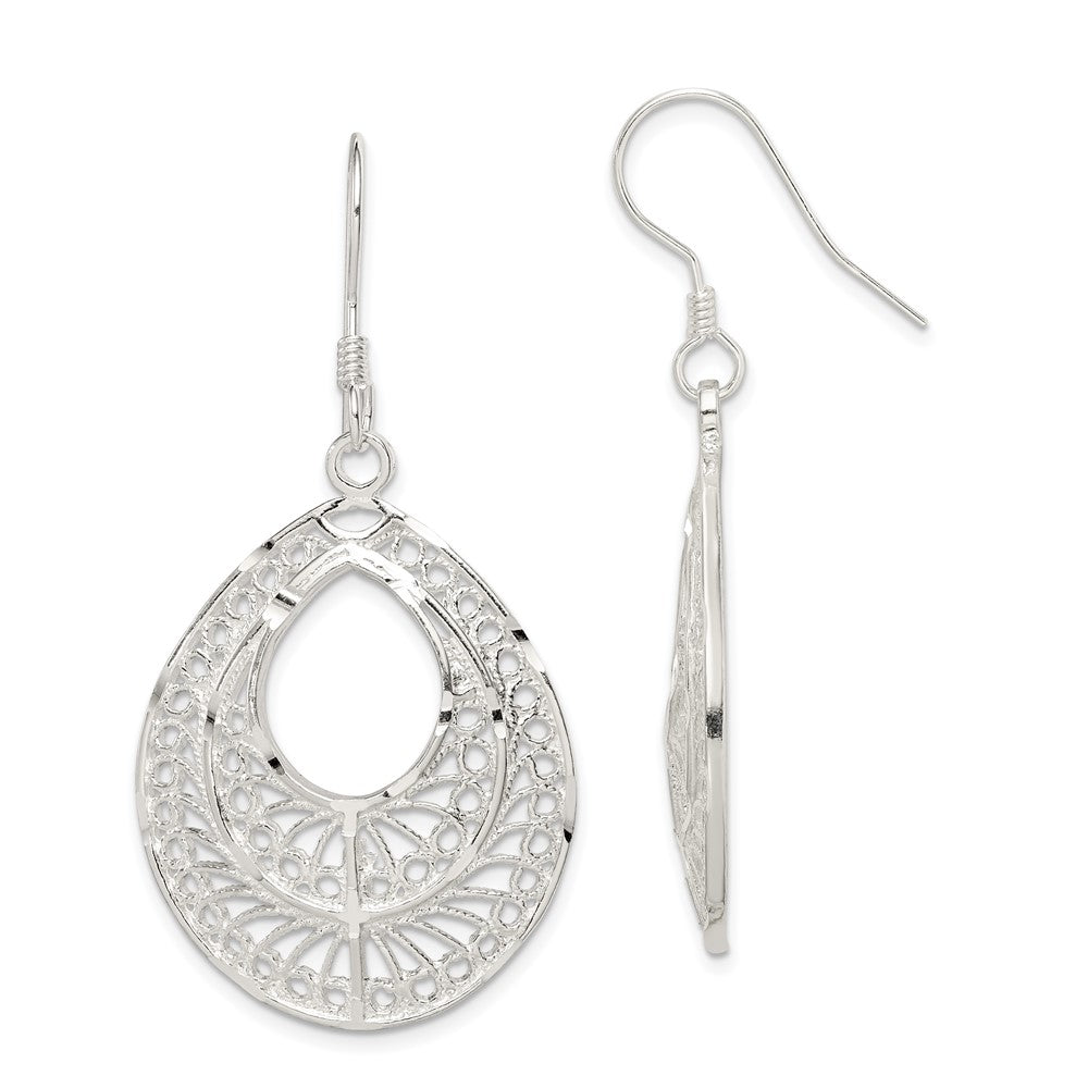 QE1 Sterling Silver Polished Textured D/C Filigree Teardrop Dangle Earrings