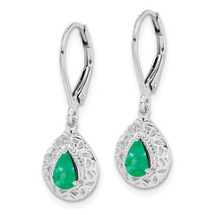 QE10017E Sterling Silver Rhodium-plated Emerald Teardrop Lever Back Earrings
