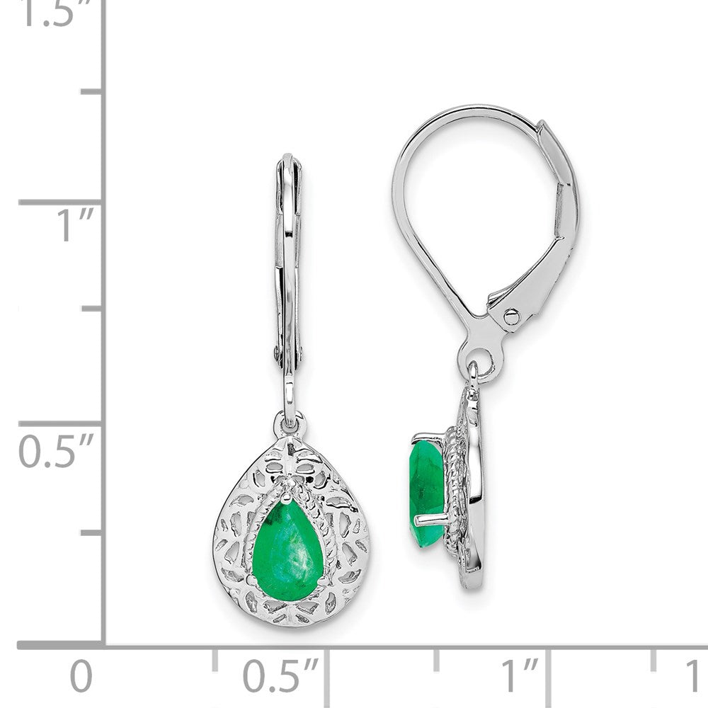 QE10017E Sterling Silver Rhodium-plated Emerald Teardrop Lever Back Earrings