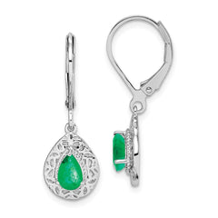 QE10017E Sterling Silver Rhodium-plated Emerald Teardrop Lever Back Earrings