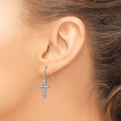 QE1012 Sterling Silver Rhodium-plated Polished CZ Latin Cross Dangle Earrings