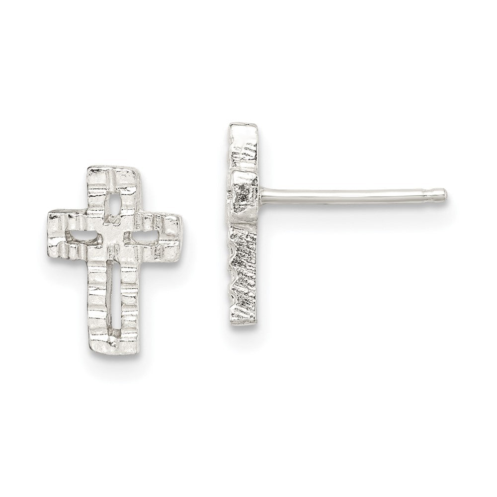 QE102 Sterling Silver Polished & Textured Latin Cross Post Earrings