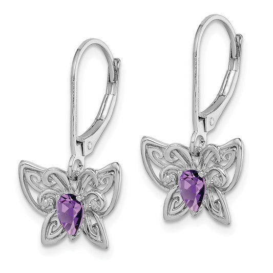 QE10245AM Sterling Silver Rhodium-plated Amethyst and Diamond Butterfly Earrings