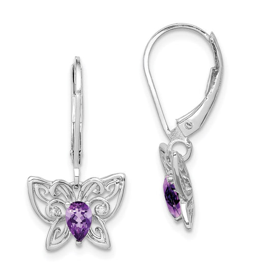 QE10245AM Sterling Silver Rhodium-plated Amethyst and Diamond Butterfly Earrings