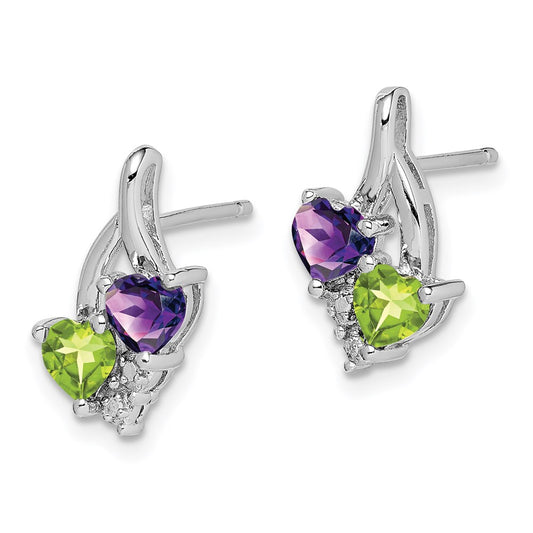 QE10260AM Sterling Silver Rhodium-plated Amethyst Peridot Diamond Earrings