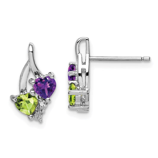 QE10260AM Sterling Silver Rhodium-plated Amethyst Peridot Diamond Earrings