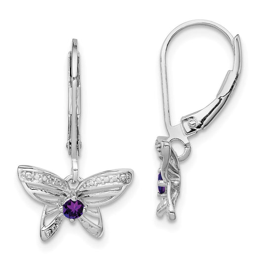 QE10266AM Sterling Silver Rhodium-plated Amethyst and Diamond Butterfly Earrings