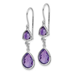 QE10309AM Sterling Silver Rhodium Plated Diamond and Amethyst Dangle Earrings