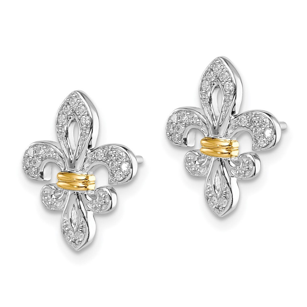 QE10431 Sterling Silver Rhodium & 14k Yellow Gold Diam. Fleur de Lis Post Earrings