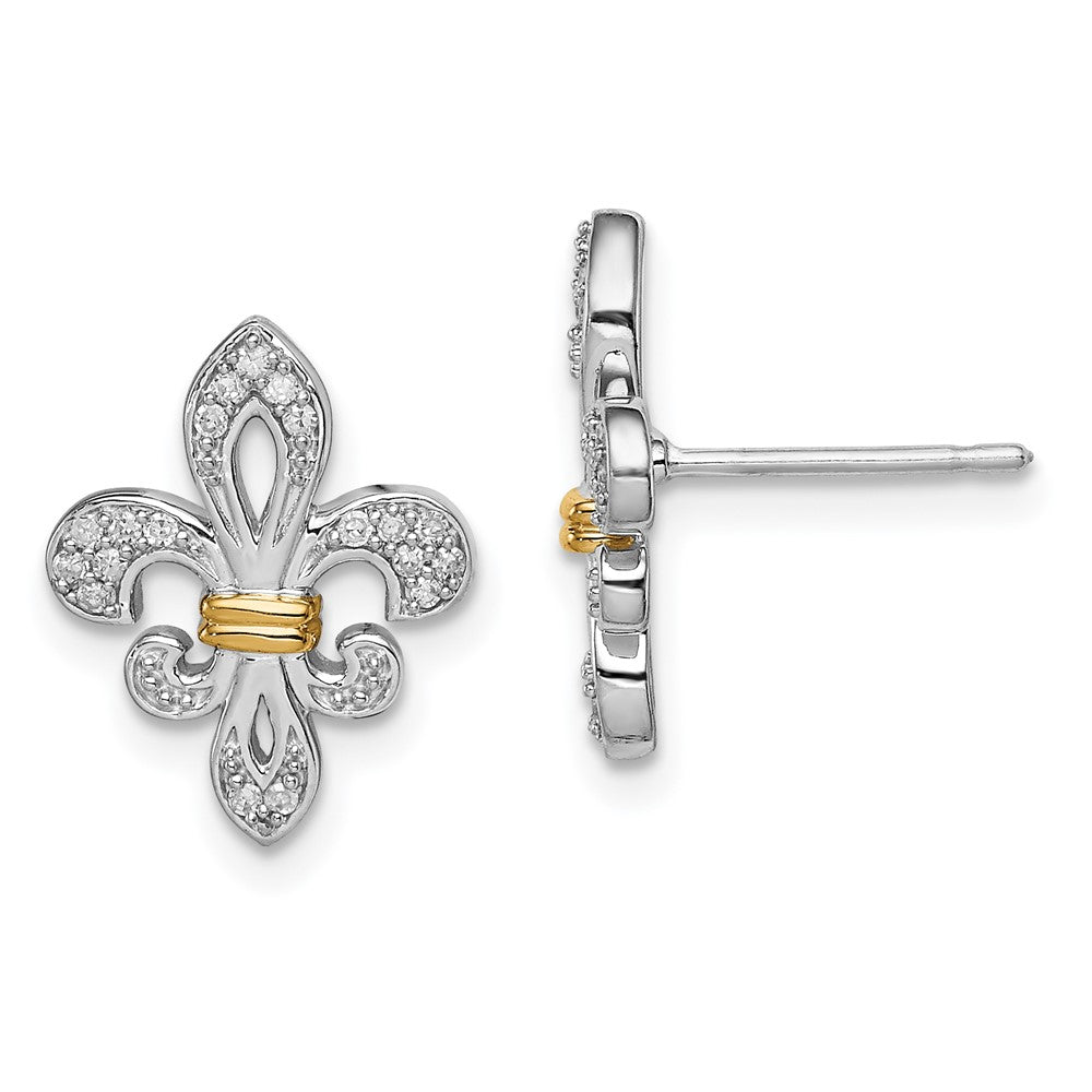 QE10431 Sterling Silver Rhodium & 14k Yellow Gold Diam. Fleur de Lis Post Earrings
